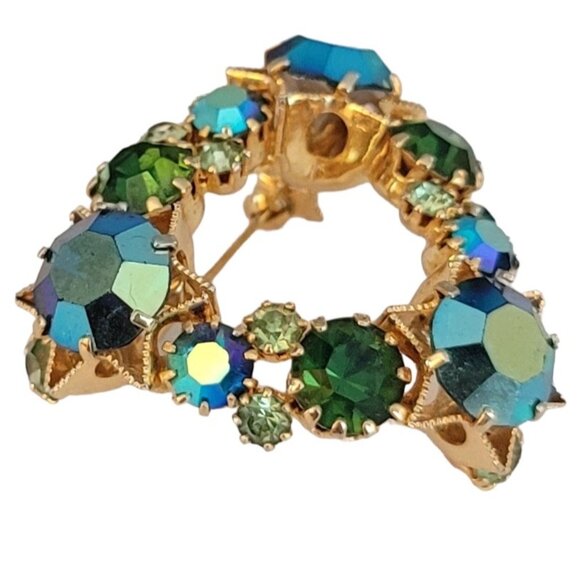 Signed Austria Gold Tone Blue Green Rhinestone Heart Brooch M469 - Picture 3 of 9